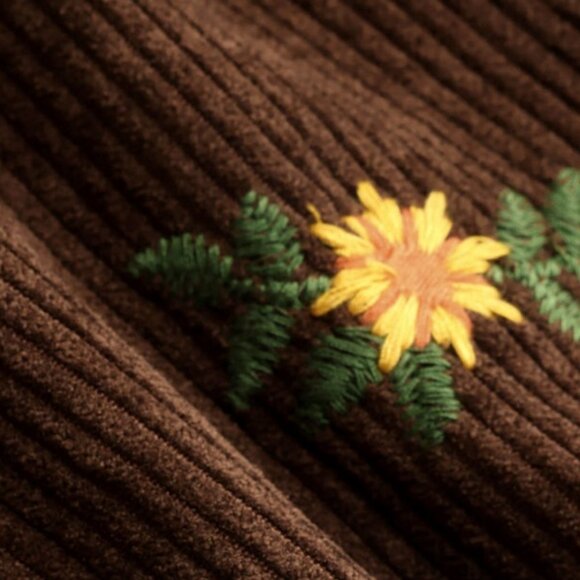 2X Plus Size Cider Brown Corduroy Floral Embroidered Bibs Hippie Boho - Picture 6 of 6